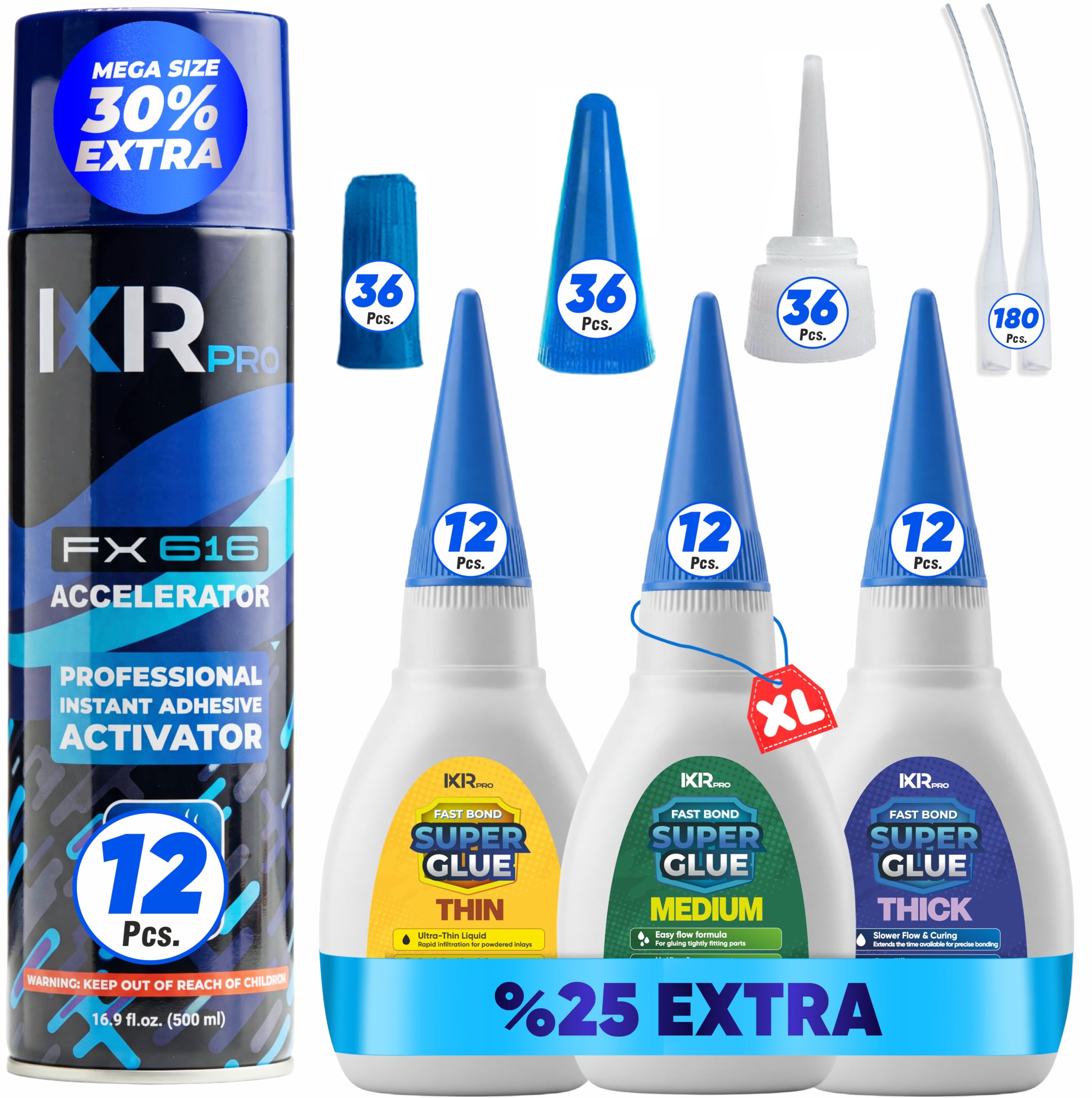 CA Glue with Activator Kit – 36 x 1.75 oz (Thin, Medium, Thick) + 12x 16.9 fl oz Accelerator Spray, Cyanoacrylate Super Glue for Woodworking, 3D Printing, Plastic, Guitar Repair & Hobby Projects