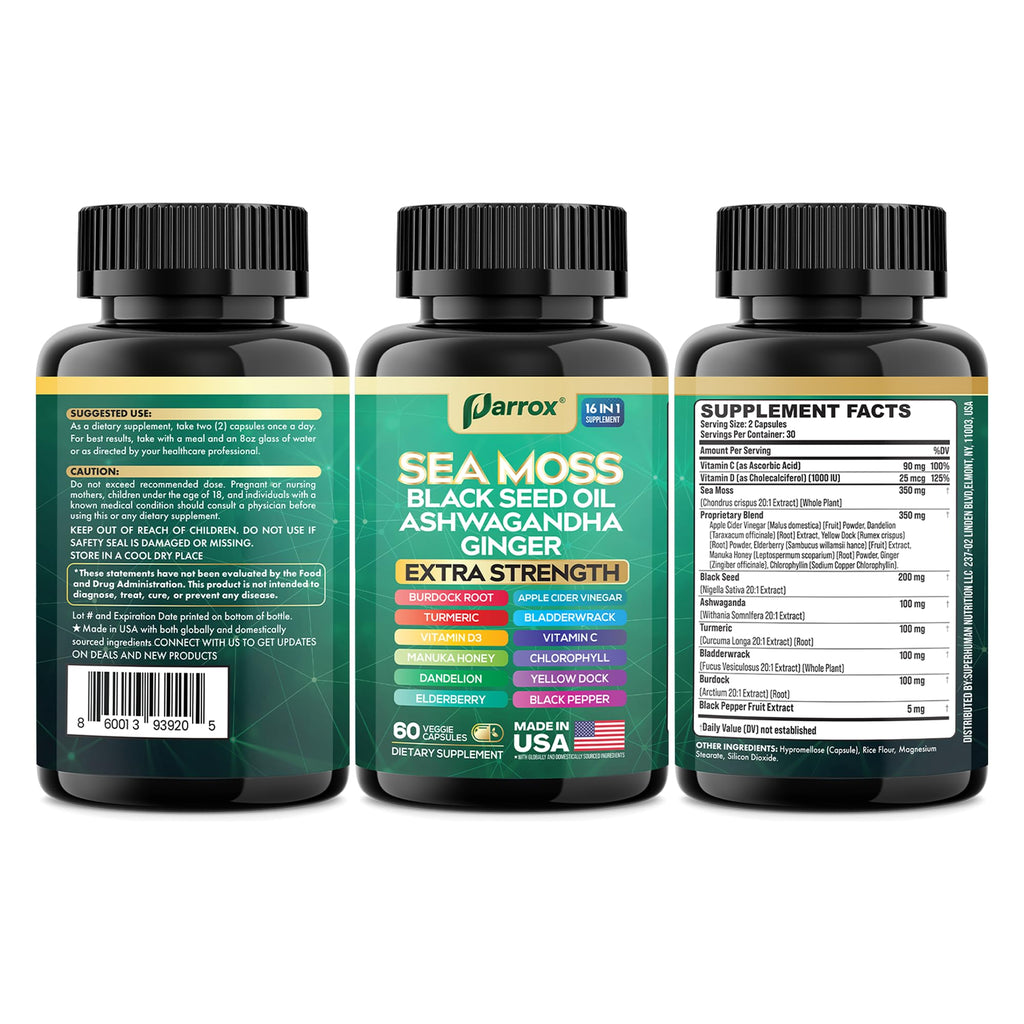 Sea Moss Black Seed Oil Supplement, 16-in-1 Ashwagandha, Turmeric, 60 Caps
