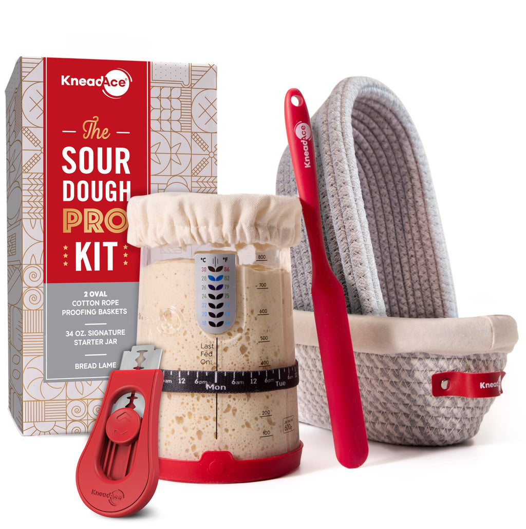 KneadAce Sourdough Starter Kit (PRO 34oz Jar, 2xOval baskets, Red Bread Lame)