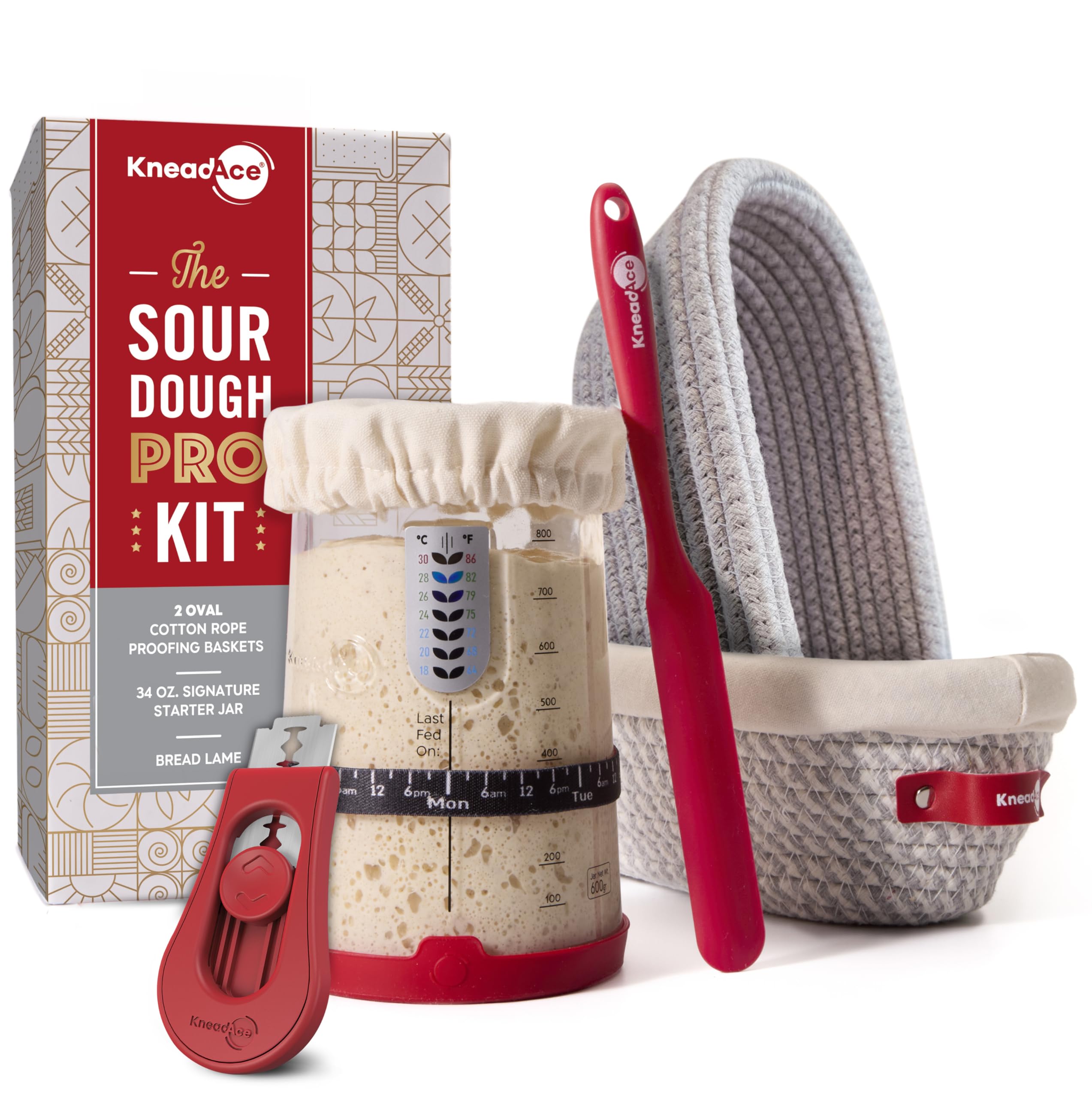 KneadAce Sourdough Starter Kit (PRO 34oz Jar, 2xOval baskets, Red Bread Lame)