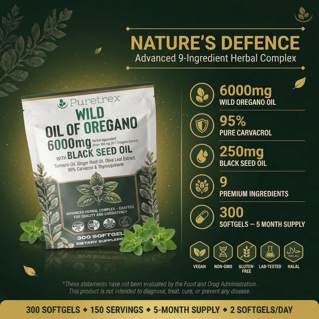 PURETREX Wild Oil of Oregano 6000mg with Black Seed, Turmeric & Ginger – 300 Softgels | 95% Carvacrol & Thymoquinone | Immune, Gut & Respiratory Support | High-Potency Herbal Complex – Vegan & Non-GMO