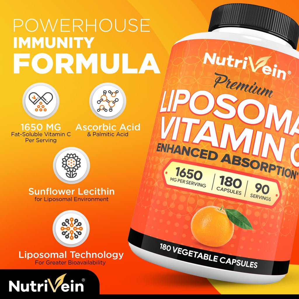 Nutrivein Premium Liposomal Vitamin C Supplement 1650mg - 180 Caps: High-Absorption High Dose Vitamin C Capsules for Whole-Body Defenses & Overall Well-Being
