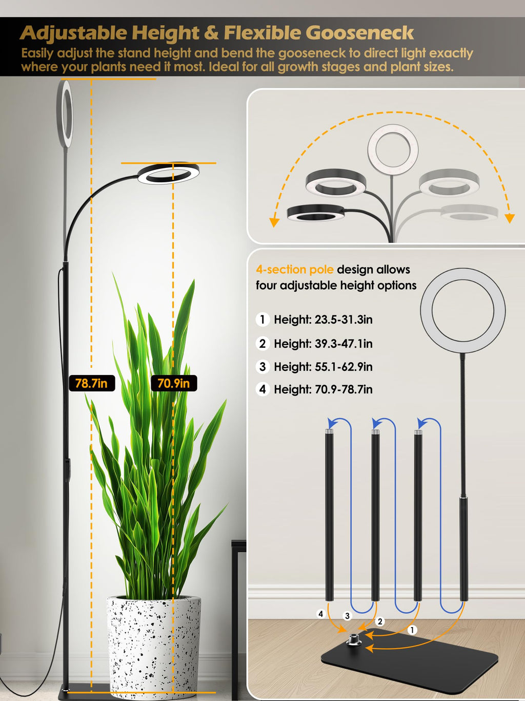 24W Grow Lights for Indoor Plants, Full Spectrum LED Plant Light With Stand