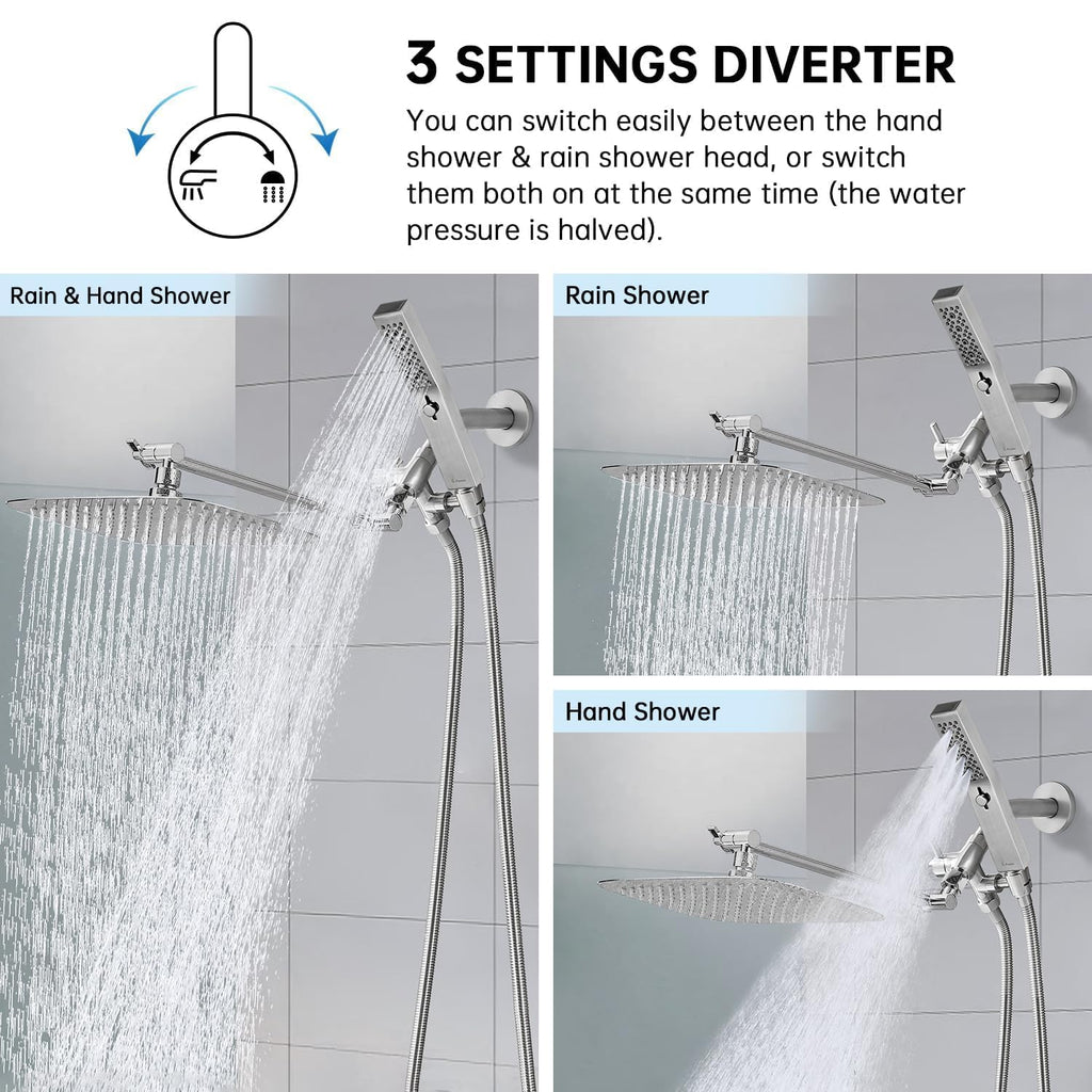 G-Promise All Metal 12 Inch Dual Square Shower Head with Handheld Spray Combo, Rain Shower Head, Adjustable Extension Arm, 3-Way Diverter, 71 Inch Extra Long Hose - A Bathroom Upgrade(Brushed Nickel)