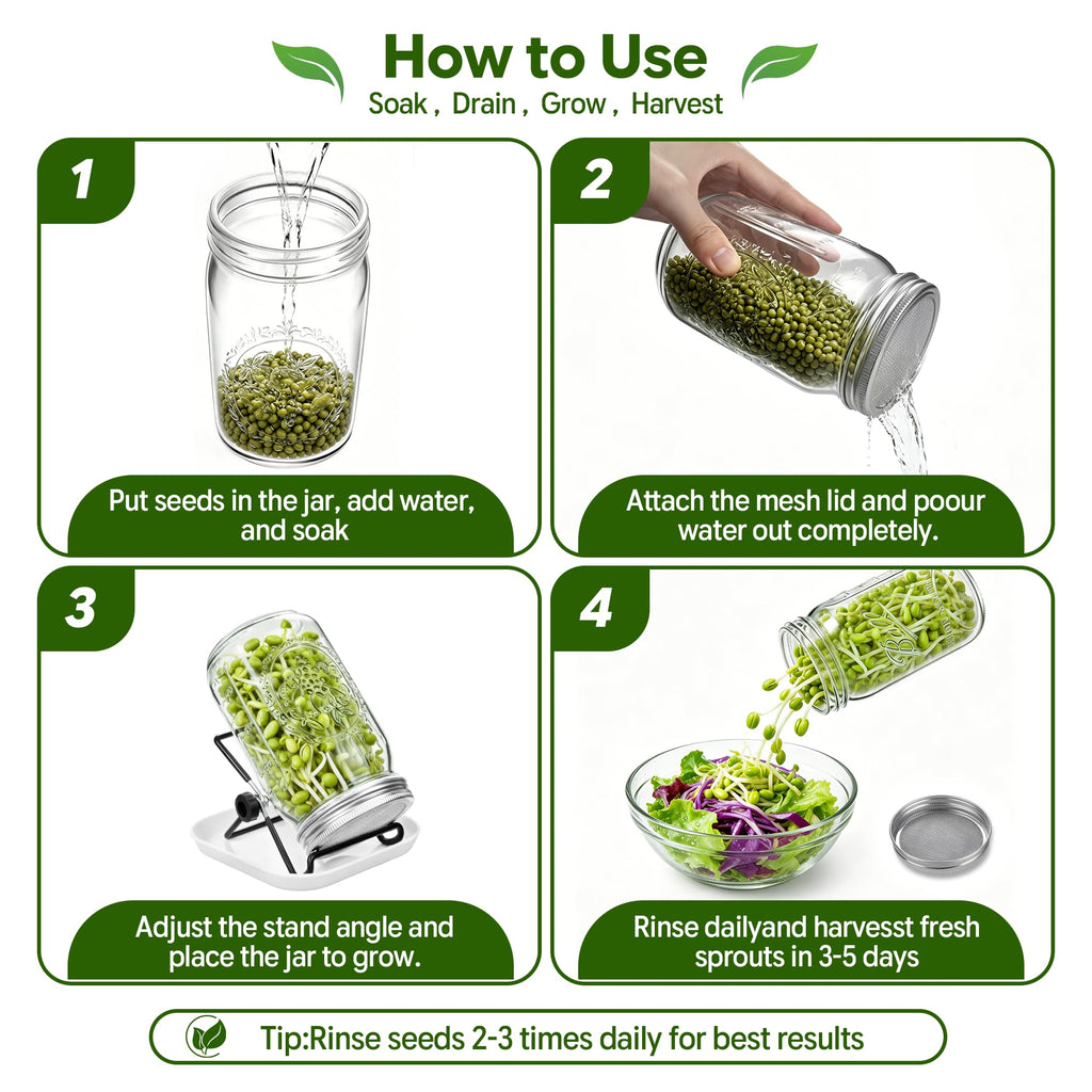 Wnfou 4 Pack Sprouting Jar Kit with Wide Mouth Mason Jars, Sprouting Lids, Stands, Drip Trays and Brushes, Seed Sprouter Set for Growing Broccoli, Mung Bean and Fresh Sprouts for Indoor Kitchen Use