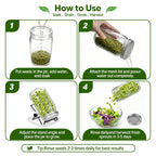 Wnfou 4 Pack Sprouting Jar Kit with Wide Mouth Mason Jars, Sprouting Lids, Stands, Drip Trays and Brushes, Seed Sprouter Set for Growing Broccoli, Mung Bean and Fresh Sprouts for Indoor Kitchen Use