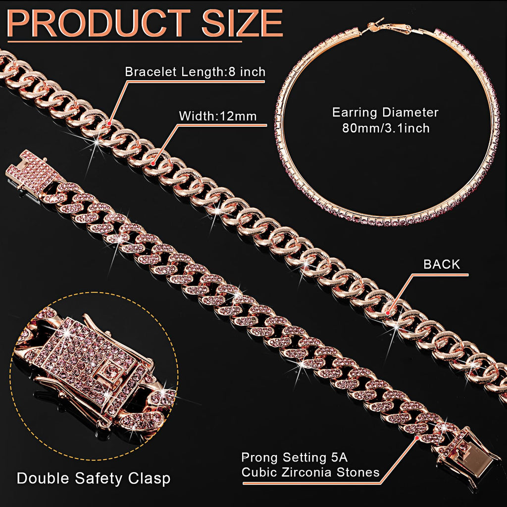 Batiyeer 3pcs Cuban Link Necklace Bracelet Set Women,18 Inch;Rose Gold Pink