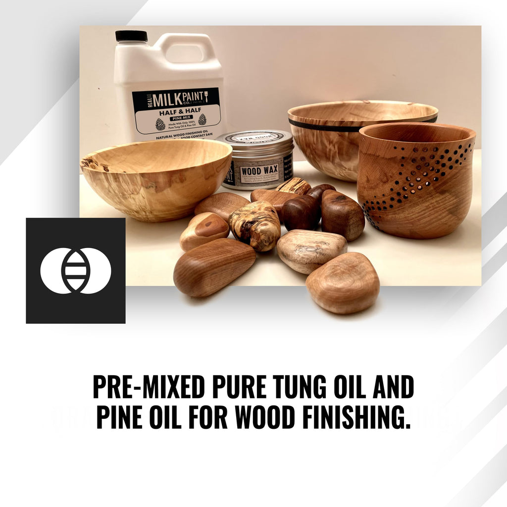 Real Milk Paint, Half and Half, Pure Tung Oil with Pine for Wood Finishing, Cutting Boards, Butcher Blocks, Clay, Stone, and Slate, 16 oz.