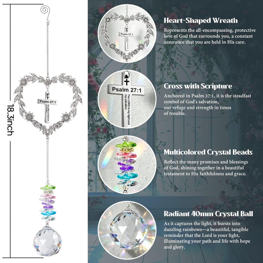Elivida Christian Gifts for Women, Heart-Shaped Suncatcher with Cross - Religious Birthday Ornament with Scripture The Lord is My Light and My Salvation - Inspirational Catholic Spiritual Gifts