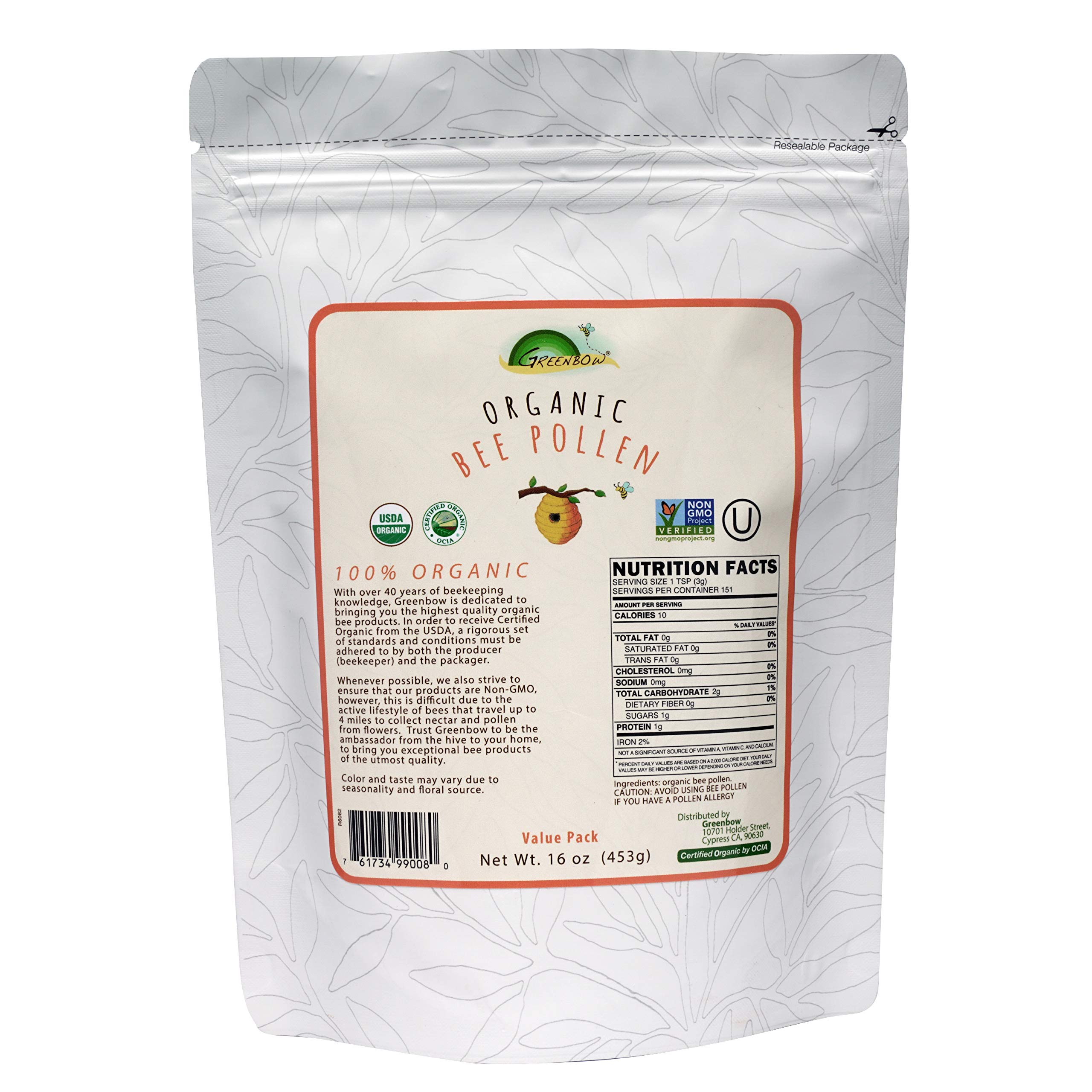 Greenbow Organic Bee Pollen - 100% USDA Certified Organic, Non-GMO, Halal, Kosher Certified, Pure & Natural Bee Pollen - Superfood Packed with Proteins, Vitamins & Minerals - Gluten Free – 16oz (453g)