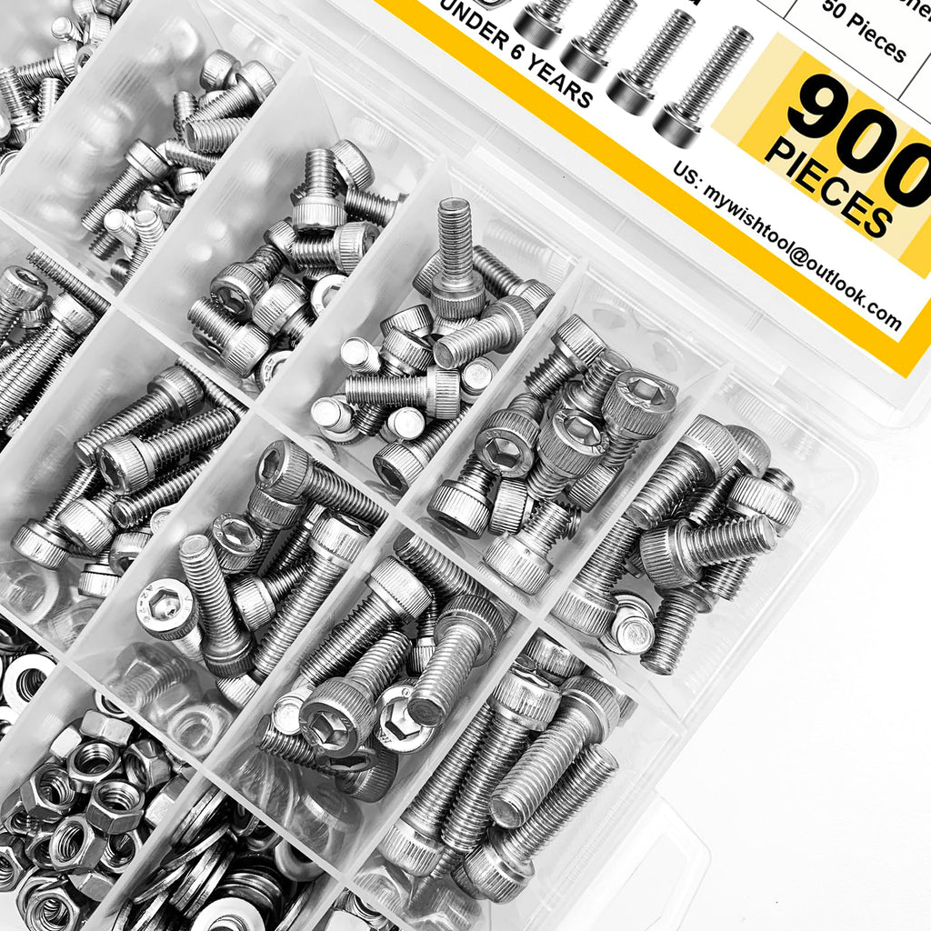 Mywish 900Pcs M3 M4 M5 M6 Metric Screw Assortment, 304 Stainless Steel Nuts and Bolts, Hex Socket Head Cap Metric Bolts/Nuts/Flat Washers Kit Anti Rust 16 Sizes 8mm to 20mm, Hex Wrenches