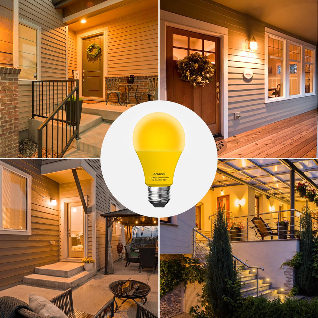 Gonhom Dusk to Dawn Bug Light Bulb Outdoor,2 Pack Amber Bug Light Bulb,Auto On/Off,10W(100W Equivalent),E26 Base,Bug Lights for Outside.Home Hallway Porch Lights.Decorative Lamps.Bedroom