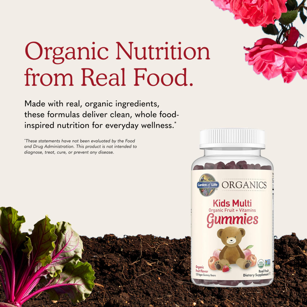 Garden of Life Organics Kids Gummy Vitamins - Fruit - Certified Organic, Non-GMO & Vegan Complete Children's Multi - B12, C & D3 - Gluten, Soy & Dairy Free, 120 Real Fruit Chew Gummies