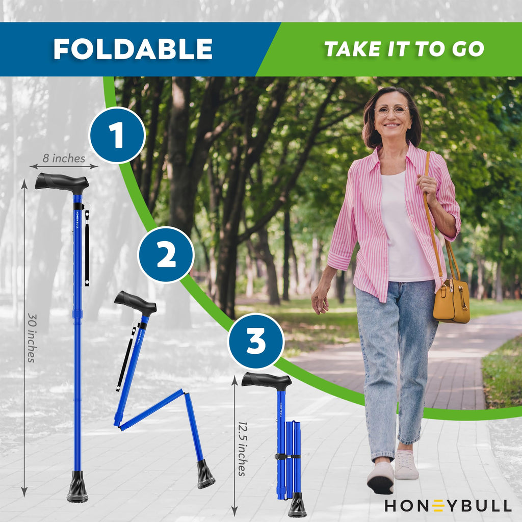 HONEYBULL Walking Cane for Men & Women – Foldable, Adjustable, Lightweight Cane with Air Cushion Tip for Stability & Ergonomic Grip, Heavy Duty Walking Sticks for Seniors (Blue)