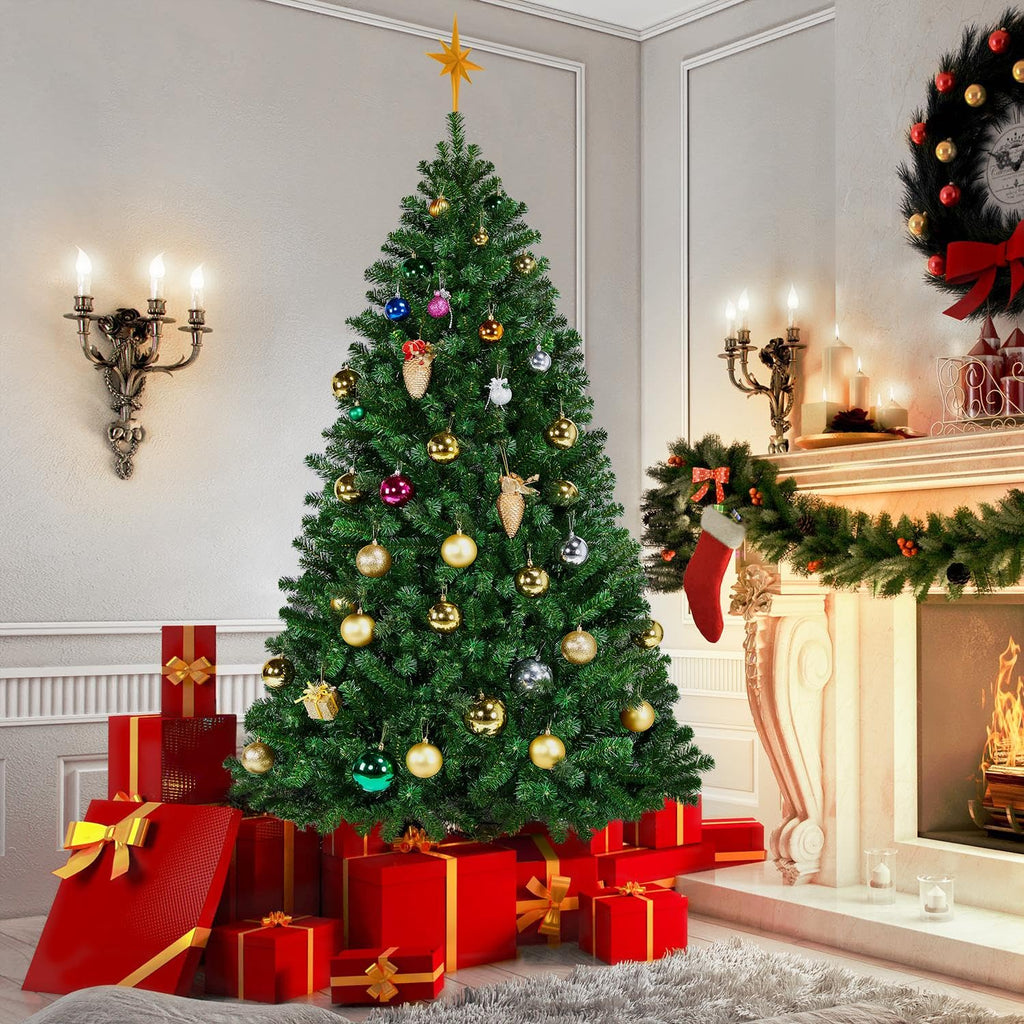 Yaheetech 6Ft Pre-lit Spruce Artificial Hinged Christmas Pine Tree Prelighted Holiday Xmas Tree for Home Party Decoration with 300 Warm White Lights and 818 Branch Tips, Green