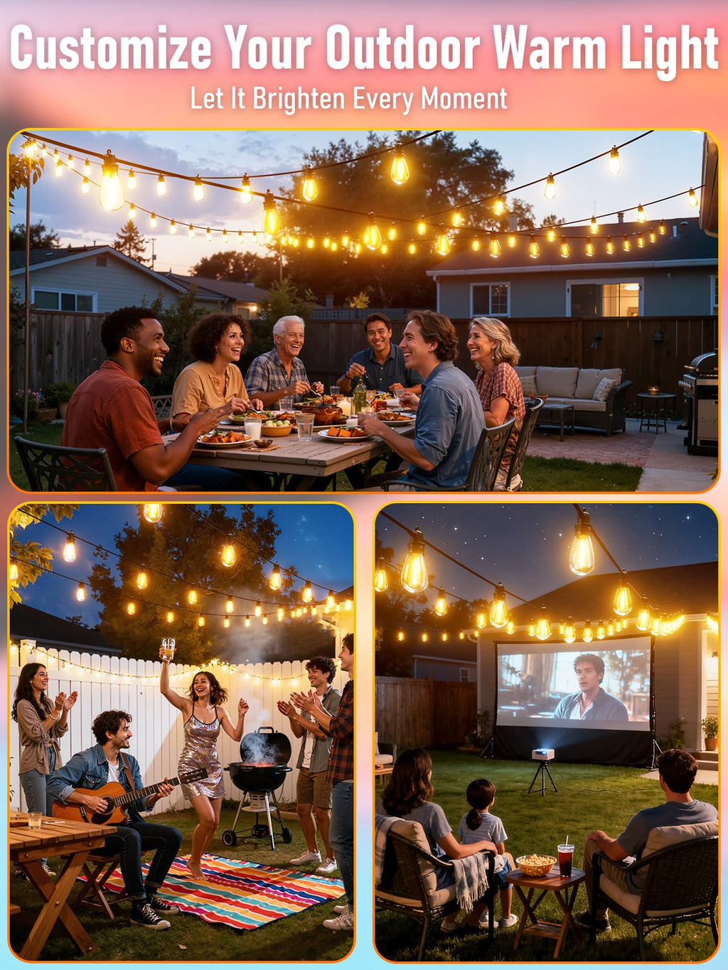Jerritte 60FT LED Outdoor String Lights with 16+1 Edison Shatterproof IP65 Waterproof Bulbs, 2700K Dimmable Commercial Grade Patio Lights for Garden, Porch, Deck Decor