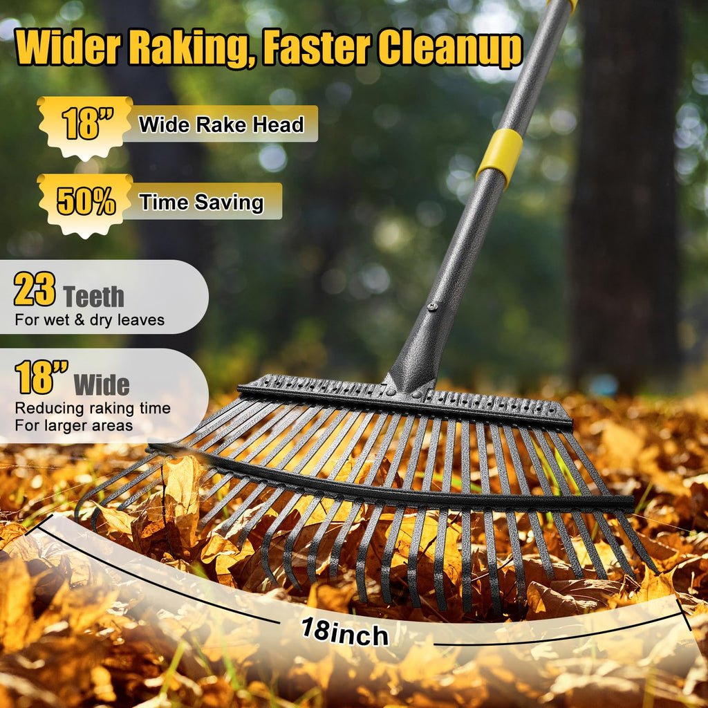 Garden Rake for Leaves: 18” Wide Metal Leaf Rake, 65” Long Adjustable Handle, Heavy Duty 25 Teeth, Fast Kids Women Large Lawn Yard Garden Leaf Cleanup Gardening Rakes: Grass,Debris,Pine Needles Pick