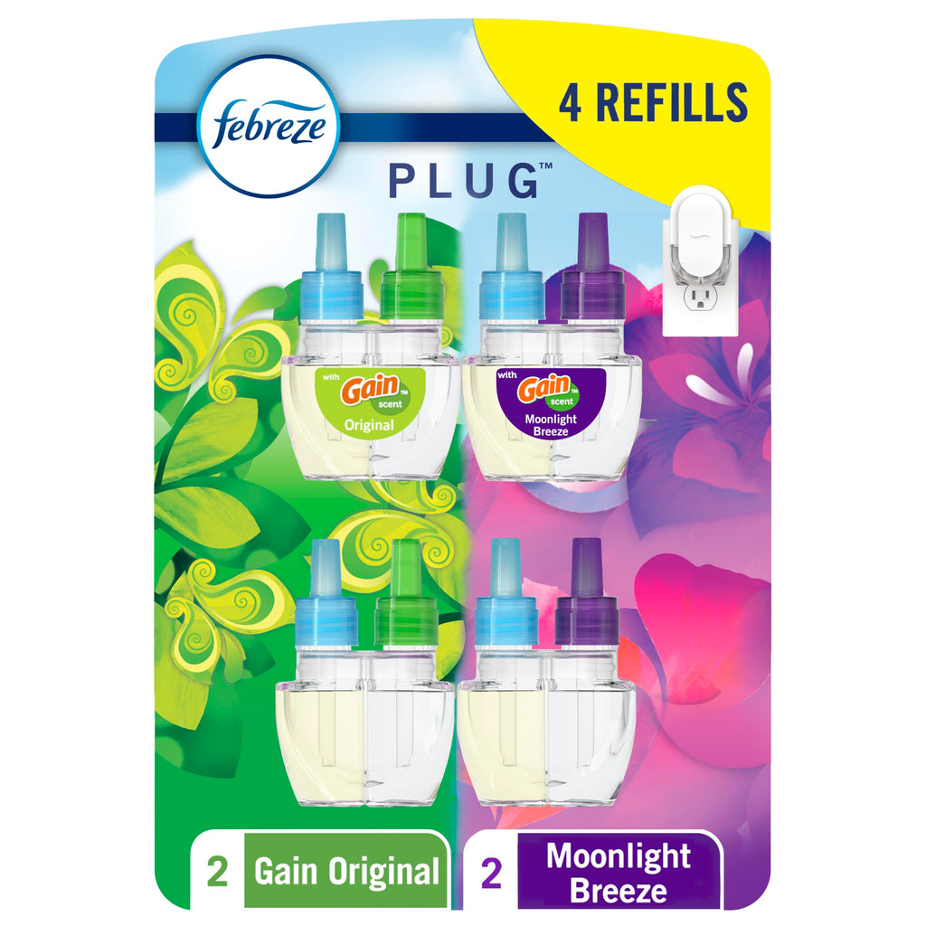 Febreze Plug In Air Freshener, Odor-Fighting Scented Oil Refill, For Home, Bathroom, & Kitchen, Long Lasting, Gain Moonlight Breeze and Gain Original Scents, 0.87oz Refills, 4 Count (2 of Each Scent)
