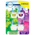 Febreze Plug In Air Freshener, Odor-Fighting Scented Oil Refill, For Home, Bathroom, & Kitchen, Long Lasting, Gain Moonlight Breeze and Gain Original Scents, 0.87oz Refills, 4 Count (2 of Each Scent)