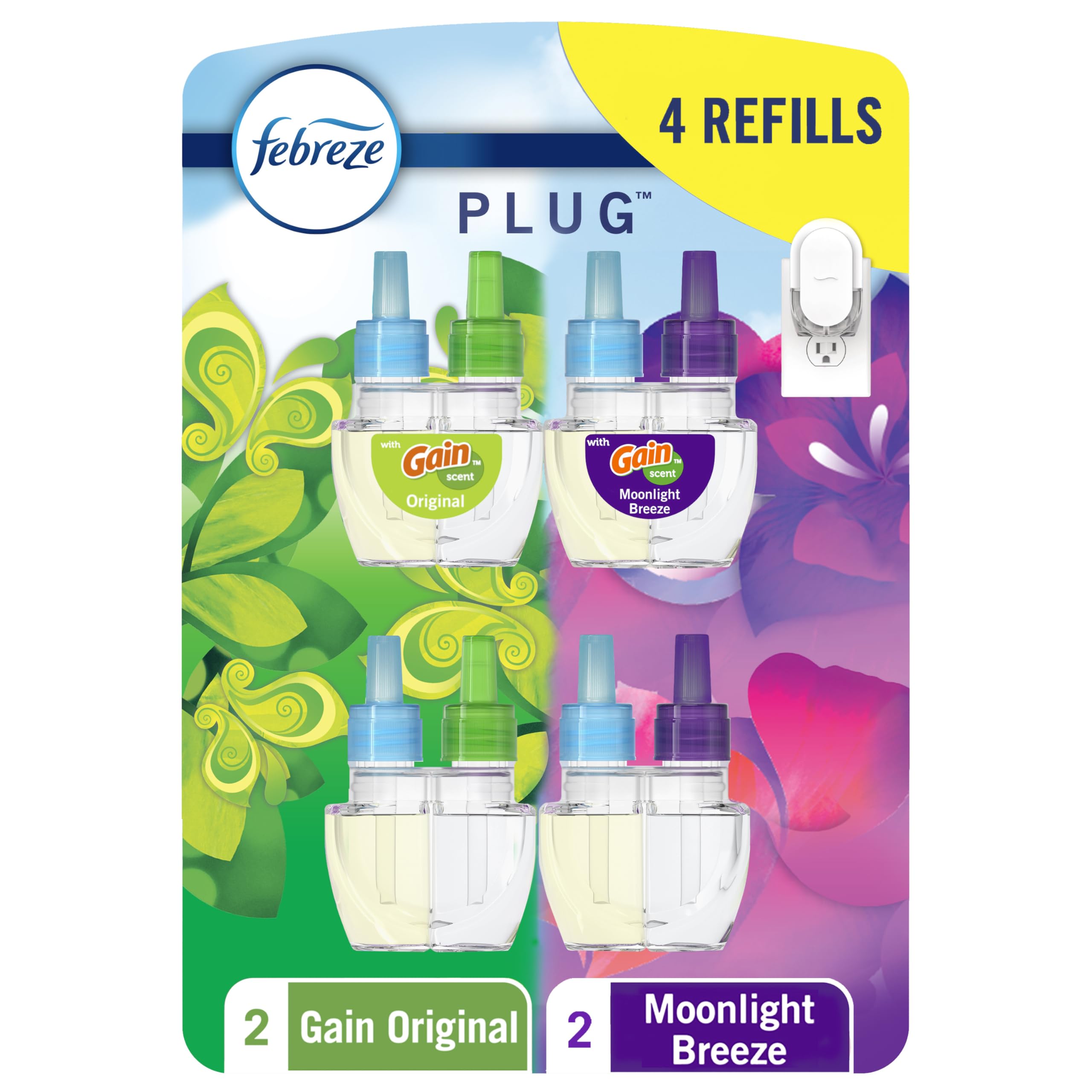 Febreze Plug In Air Freshener, Odor-Fighting Scented Oil Refill, For Home, Bathroom, & Kitchen, Long Lasting, Gain Moonlight Breeze and Gain Original Scents, 0.87oz Refills, 4 Count (2 of Each Scent)