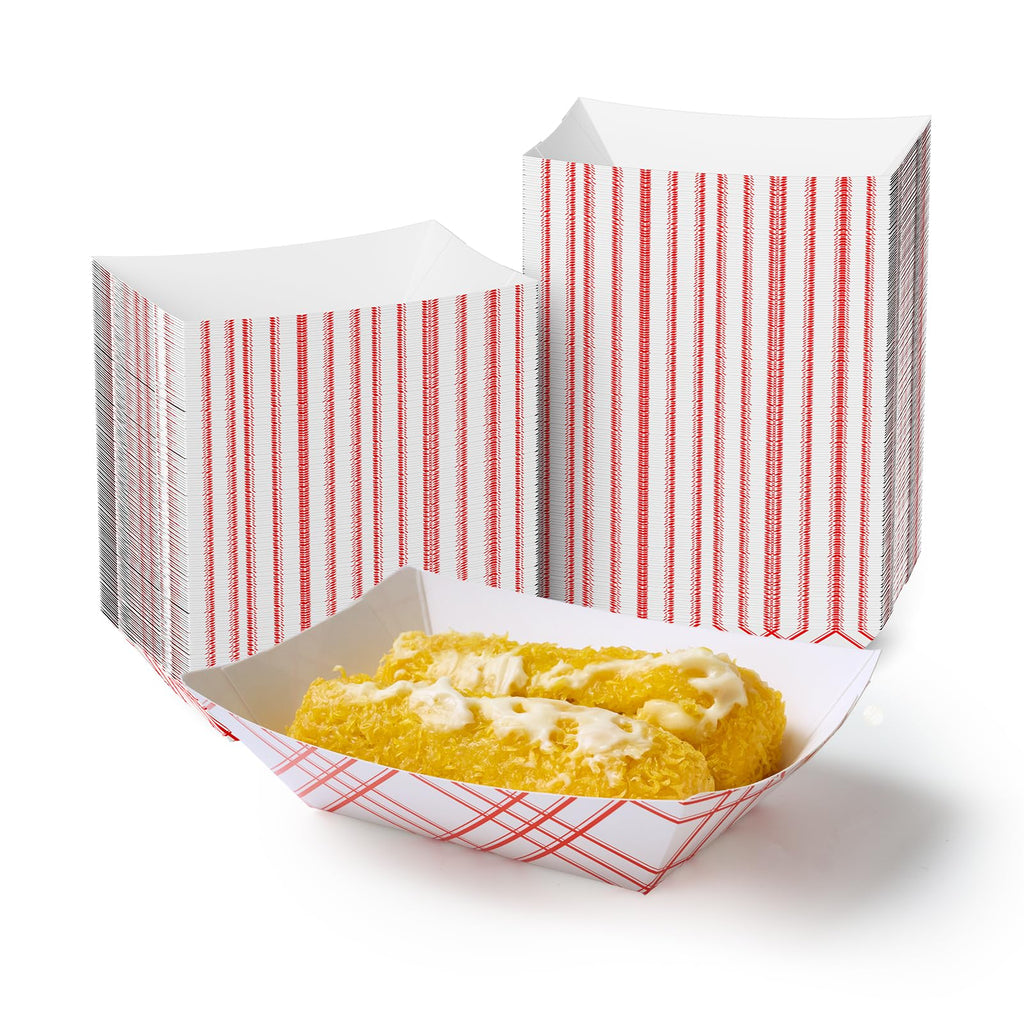 ECOLipak 250 Pack 2lb Paper Food Tray Red, Disposable Paper Food Boats, Food Holder Trays, Serving Boats for Taco Hot Dog Snack Fries Dessert Popcorn Sauce Nacho