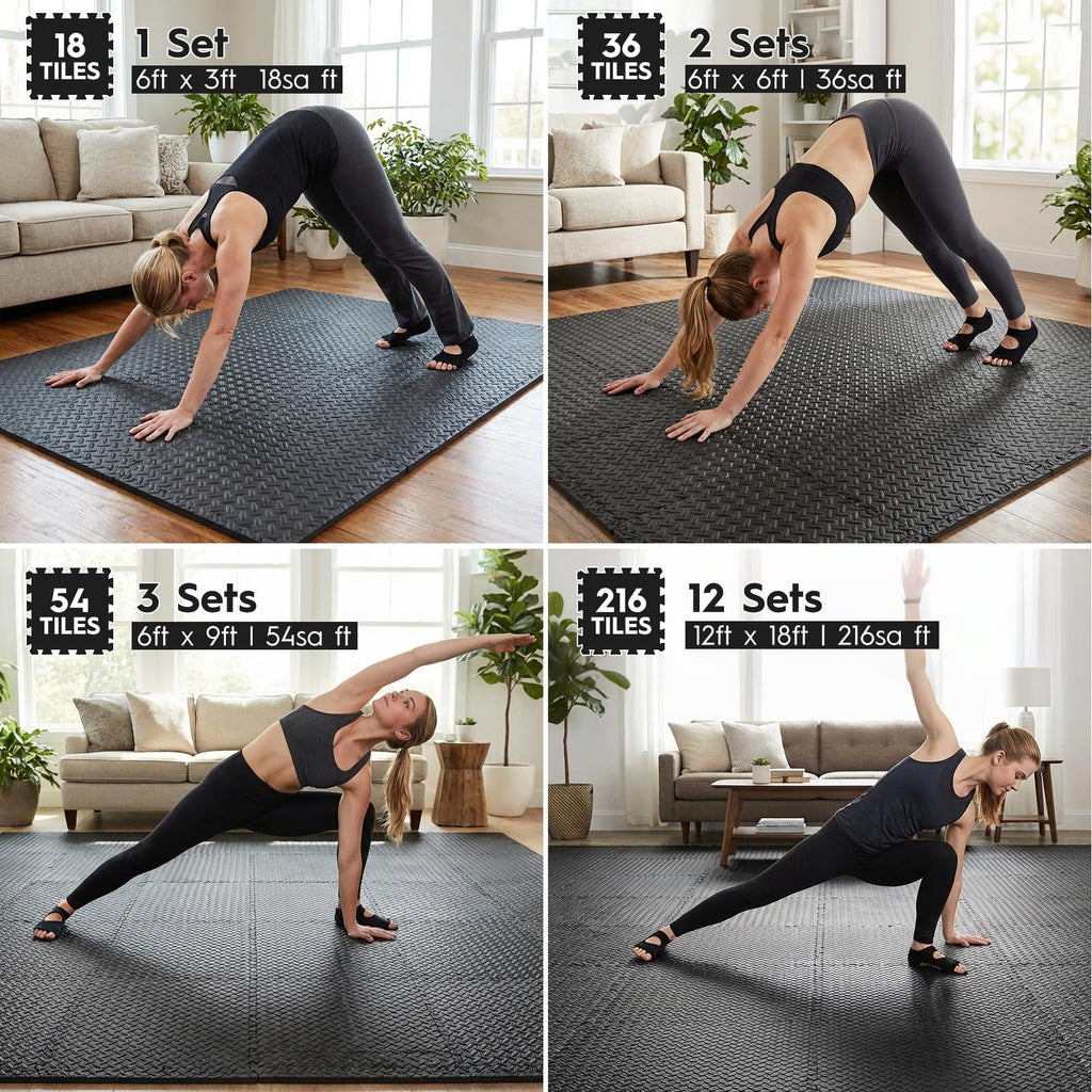 Haulcove 18pcs Puzzle Exercise Mat, 12.6"x12.6"x0.4", 18sqft EVA Interlocking Foam Floor Tiles, Non-Slip, Protective, Water-Resistant Flooring for Home Gym & Workout Equipment, Black