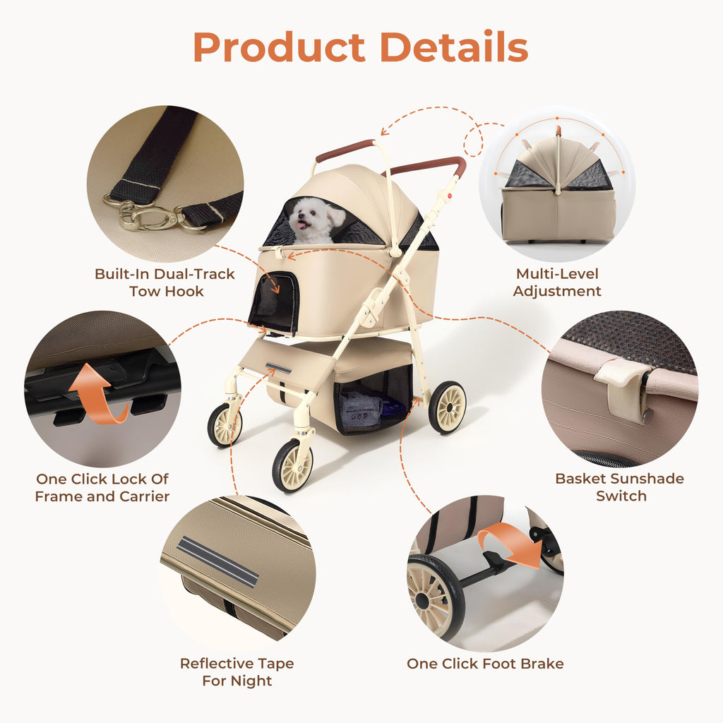 Dog Cat Stroller for Small & Medium Pets up to 55 lbs, Foldable Pet Stroller with Detachable Carrier, 4 Swivel Wheels, Adjustable Handle & Canopy