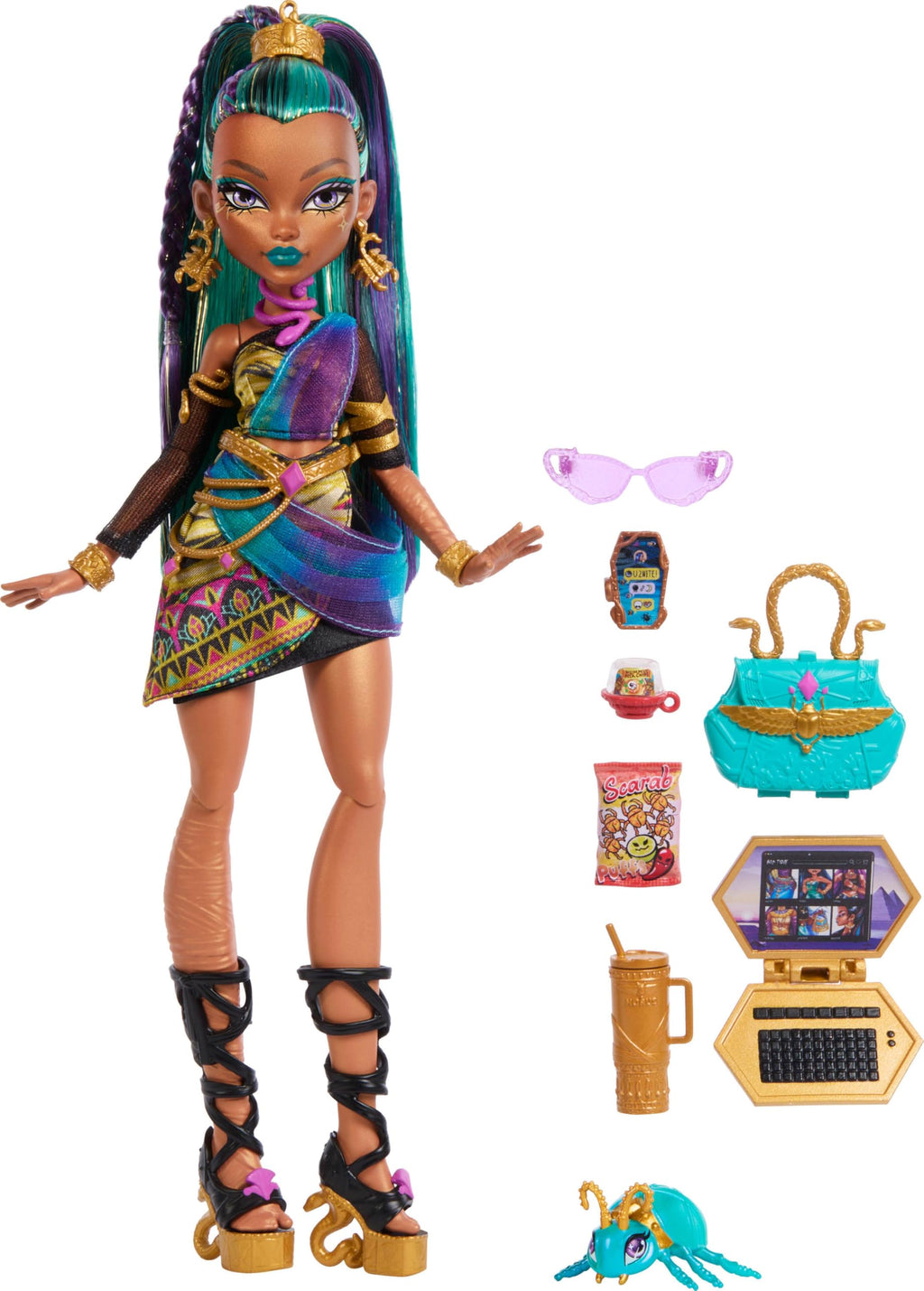 Monster High Nefera De Nile Doll, Royal Mummy in Dress with Pet Scarab Lavish and 7 Accessories Like Purse, Laptop, Sunglasses, Drink and Snacks