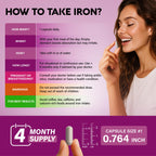 Iron Supplement for Women - Iron 65mg (Ferrous Sulfate 325mg) - Stomach Friendly | Slow Release Iron | High Absorption - Vitamins C, D3, B6, B12 & Folate - Iron Level & Energy Support - 120 Capsules