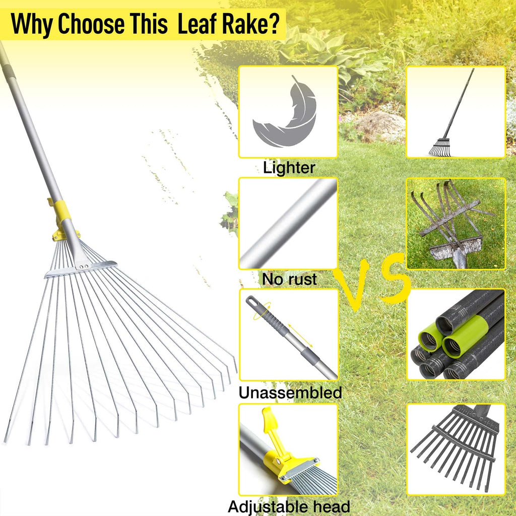 JARDINEER Adjustable Rakes for Leaves, Large Garden Leaf Rake for Lawns Grass with 7-23" Expandable Head, Yard Collapsible Rake for Camping (64 inches)