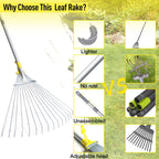 JARDINEER Adjustable Rakes for Leaves, Large Garden Leaf Rake for Lawns Grass with 7-23" Expandable Head, Yard Collapsible Rake for Camping (64 inches)