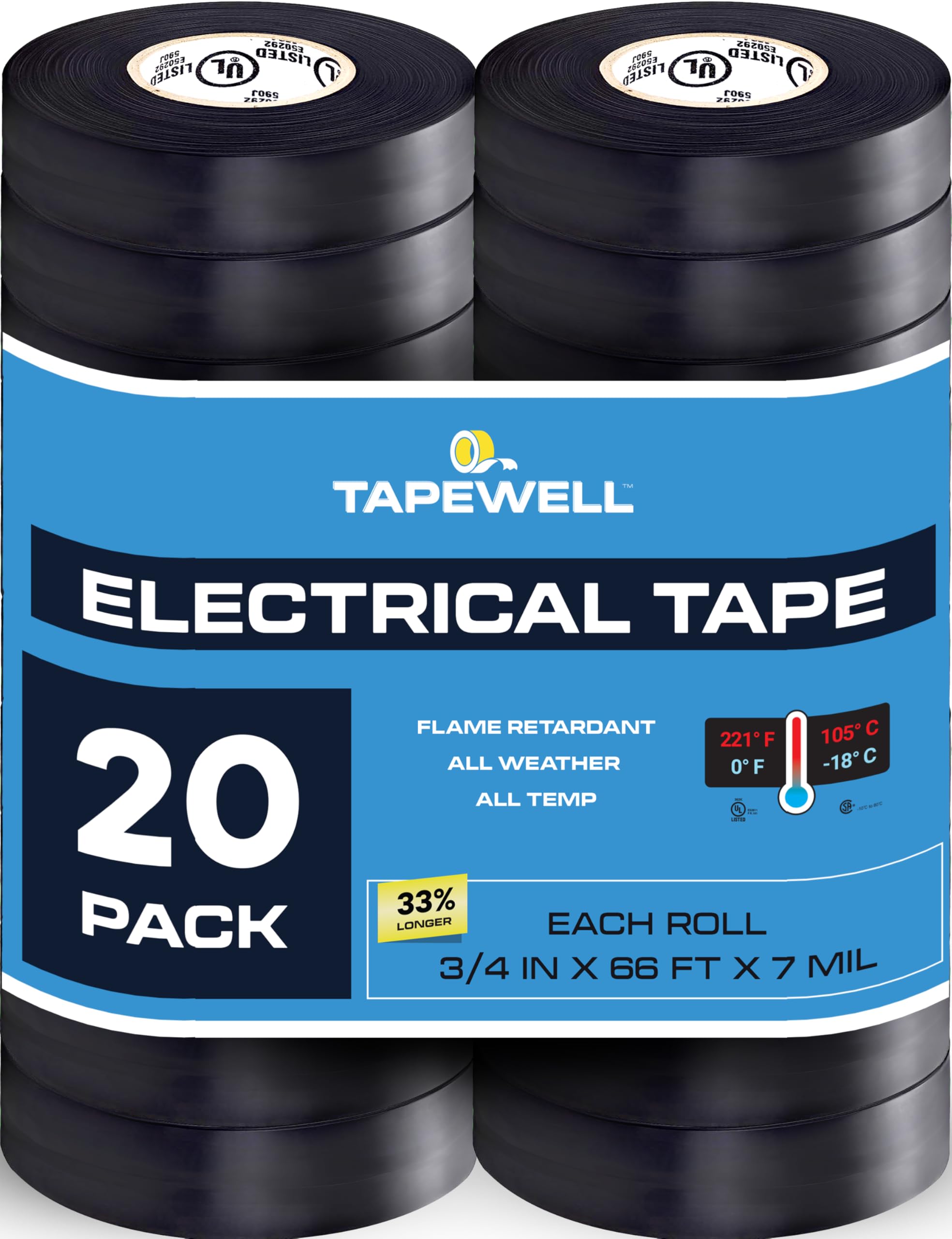 TAPEWELL Black Electric Tape, Professional Grade 3/4 inch x 66ft, PVC Electrical Insulating Tape for All Weather, U/L Approved, Waterproof, Home Improvement Electrical Equipment, Pack of 20