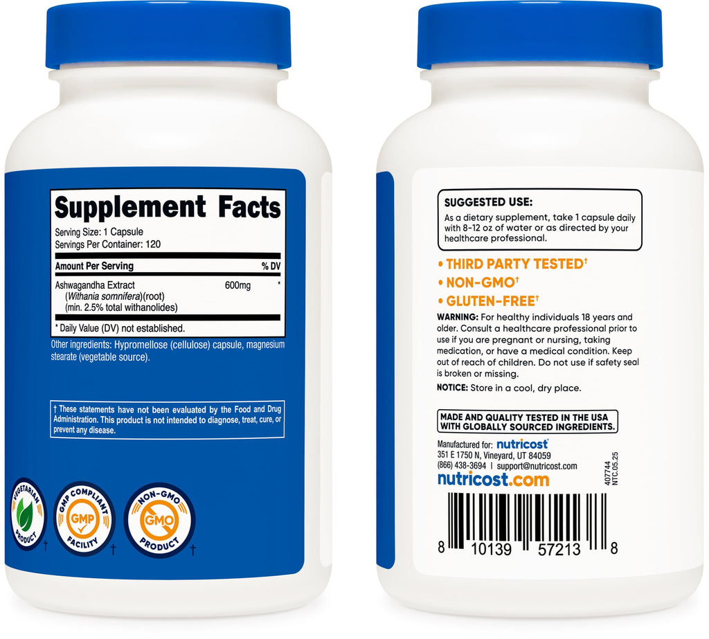 Nutricost Ashwagandha Herbal Supplement 600mg, 120 Capsules - Vegetarian, Non-GMO, Gluten Free, Ashwagandha Root