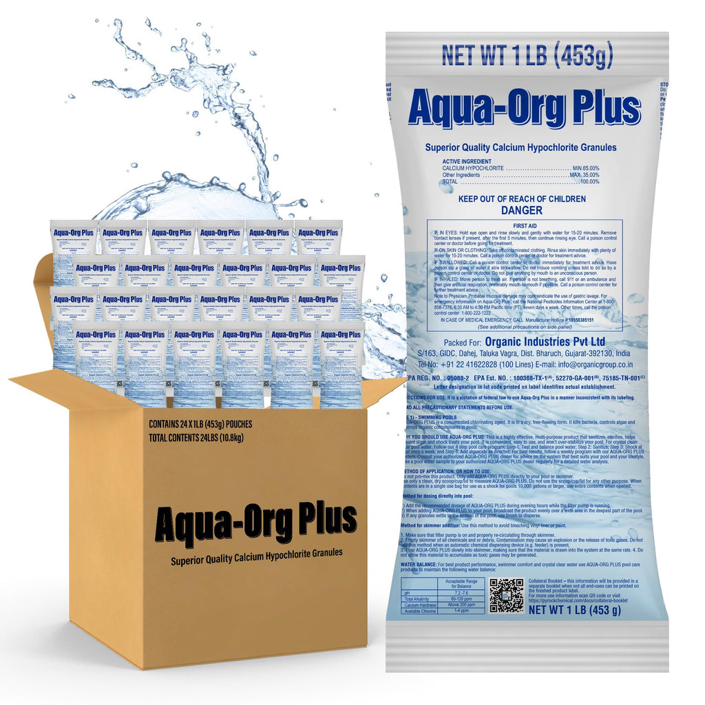 Pool Shock by Aqua Org Plus - 65% Granular Cal Hypo - Swimming Pool Shock for In-Ground, Above Ground, Spas & Hot Tubs - 24-Pack of 1 Pound Bags