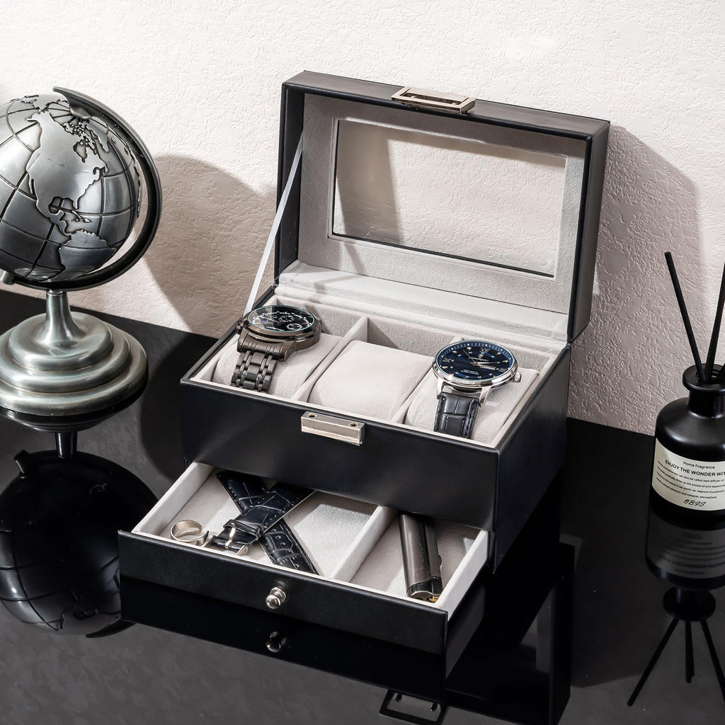 ProCase Watch Box, 3 Slot Watch Display Case with Drawer -Black