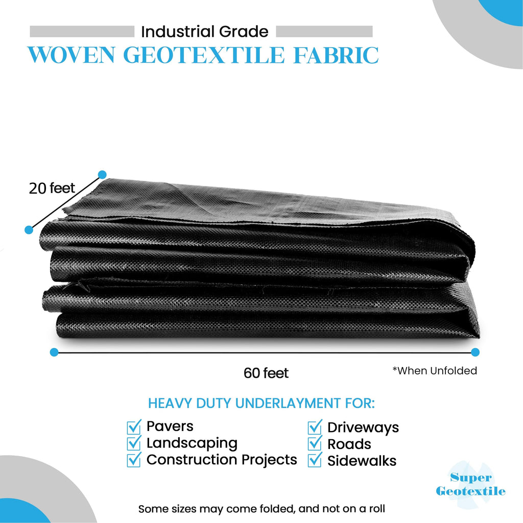 Super Geotextile Woven Geotextile Fabric for Driveway and Road Stabilization, Construction Underlayment, Erosion Control, Commercial Grade 50 Year for Gravel Roads and Pavers (20x60) Ships Folded