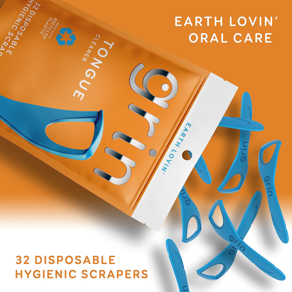 GRIN Tongue Cleaner, 32 Count, Disposable Tongue Cleaner, Hygienic Scraper, Recycled Plastic, Clean Tongue, Promote Fresh Breath, Includes Safe Fold- Back Tooth Pick