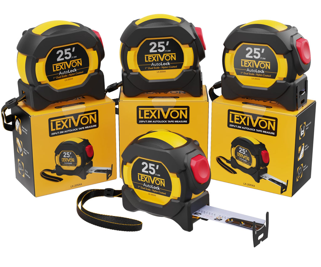 LEXIVON [4-Pack] 25Ft/7.5m AutoLock Tape Measure | 1-Inch Wide Blade with Nylon Coating, Matte Finish White & Yellow Dual Sided Rule Print | Ft/Inch/Fractions/Metric (LX-205X4)