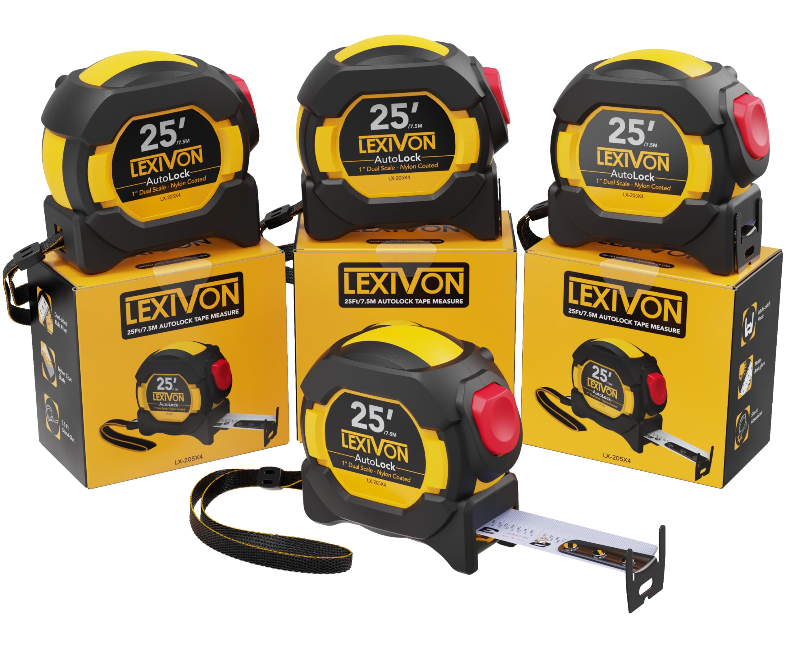 LEXIVON [4-Pack] 25Ft/7.5m AutoLock Tape Measure | 1-Inch Wide Blade with Nylon Coating, Matte Finish White & Yellow Dual Sided Rule Print | Ft/Inch/Fractions/Metric (LX-205X4)