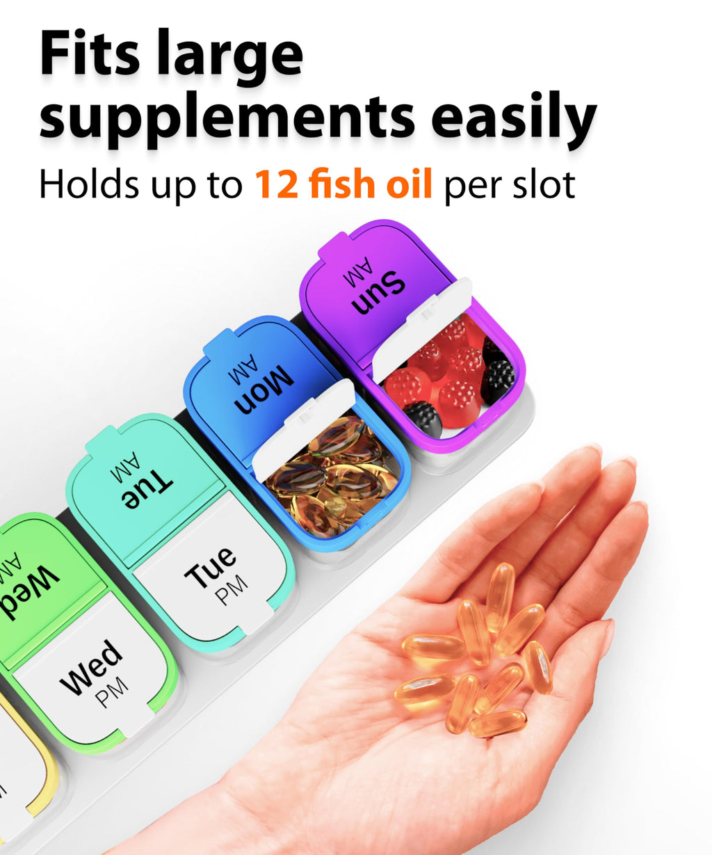 Extra Large Weekly Pill Organizer - XL Vitamin Holder with 7 Detachable AM PM Compartments - Portable Medicine Dispenser for Home and Travel, Big Supplement Container for Weekly or Daily Use, Rainbow