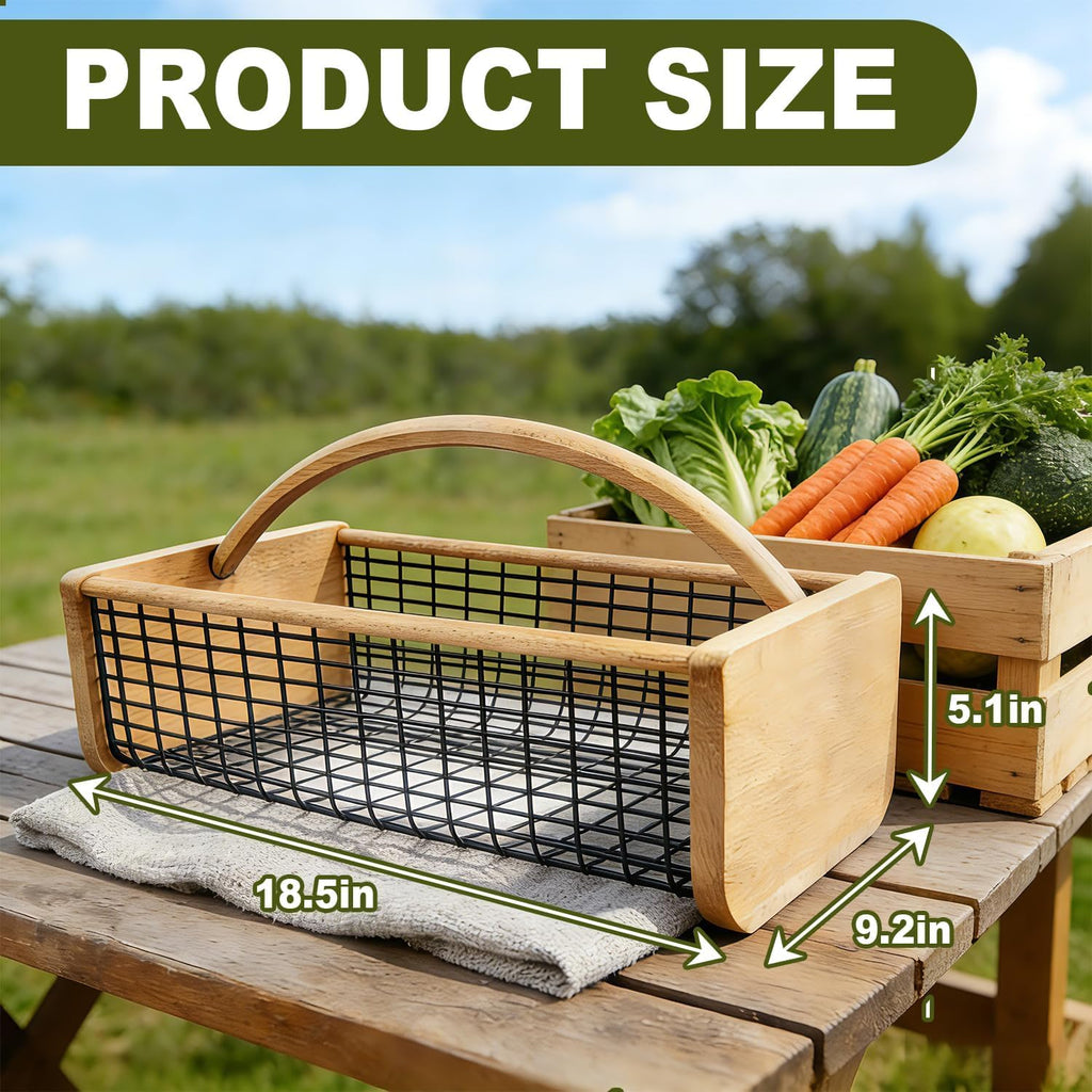 Garden Hod Harvest Basket with Wooden Handle, Portable Vegetable Fruit Picking Basket for Garden, Patio, Farm