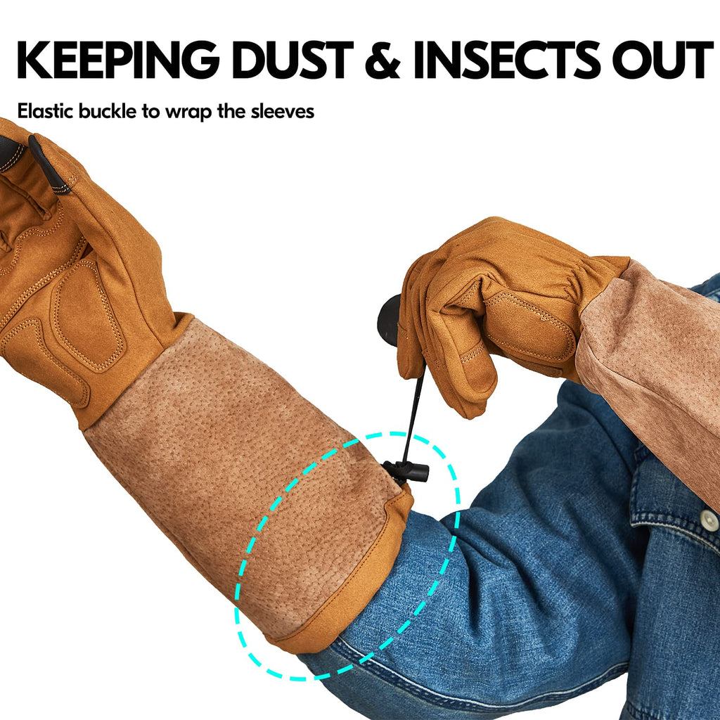 Vgo... Men's Extra-Long Leather Gardening Gloves, Gauntlet with Adjustable Cuff, Puncture & Thorn Proof, Touchscreen (SL6592)