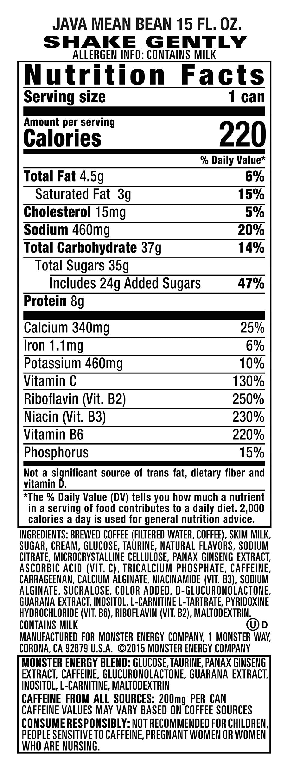 Monster Energy Java Monster Mean Bean, Coffee + Energy Drink, 15 Ounce