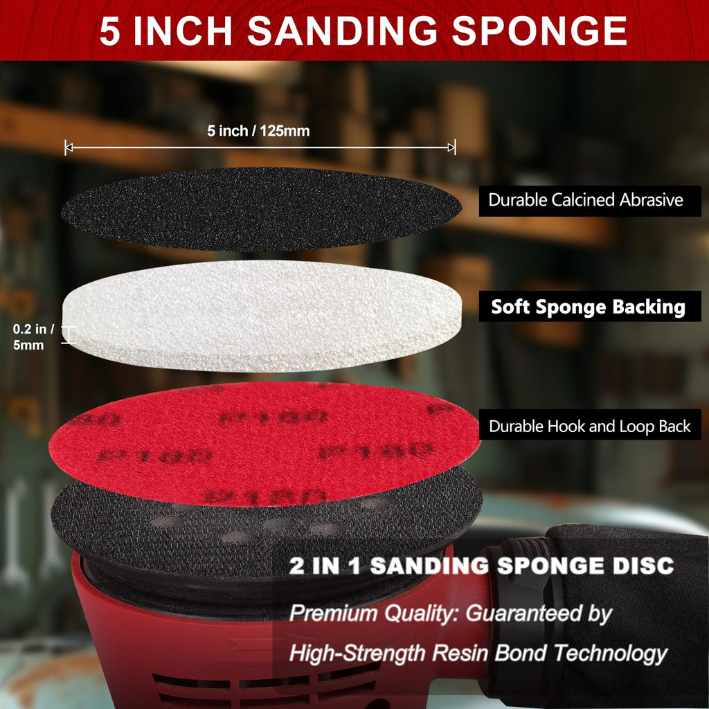 Shineboc 18Pcs 5 Inch Hook and Loop Sanding Sponge Discs 180 Grit Wet Dry Sanding Pads, Foam Sandpaper for Random Orbital Sander, Curved Surface Large-Area Sanding Polishing for Metal Wood Automotive
