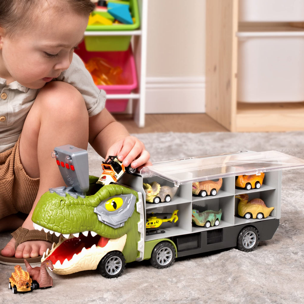 JOYIN Dinosaur Truck Toys for Kids Age 3-8, 12 Pull Back Car Vehicles, Transport Truck With Music, Roaring Sound, Flashing Lights, 1 Helicopter