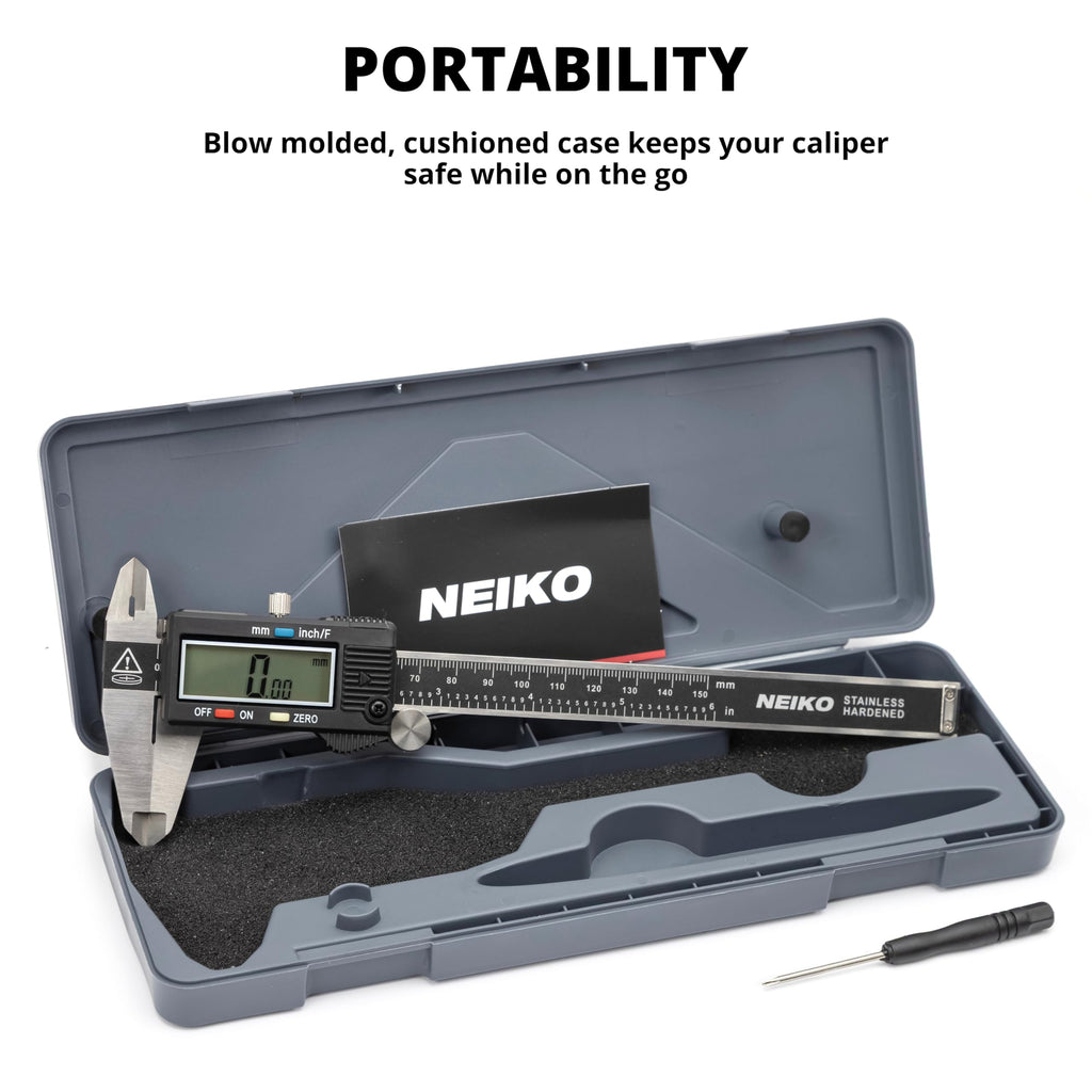 NEIKO 01407A Electronic Digital Caliper Measuring Tool, 0-6 Inches Stainless Steel Construction with Large LCD Screen Quick Change Button for Inch Fraction Millimeter Conversions, Digital Caliper