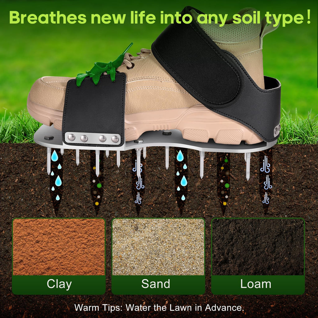 Leweio Aerator Shoes, Lawn Aerator Shoes for Grass with 3MM Metal Bottom, Aeration Shoes for Lawn with Adaptable Straps, Pre-Assembled Aerating Shoes for Lawn with Bend-Resistant Spikes, Green