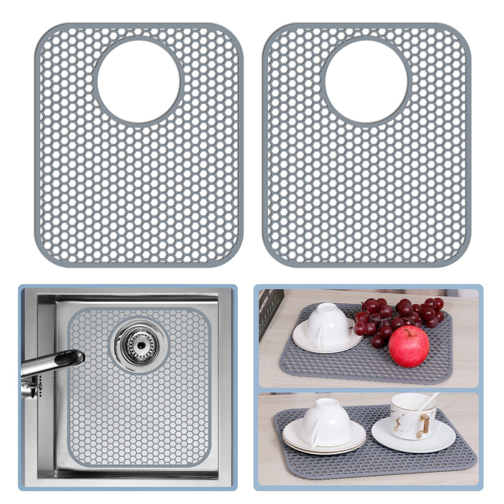 Bestjing 2 Pack Silicone Kitchen Sink Protector Mat with Rear Drain - 13.58''x 11.6'' Kitchen Sink Accessory, Folding Non-Slip Heat Resistant Mat Grid for Bottom of Porcelain Stainless Steel