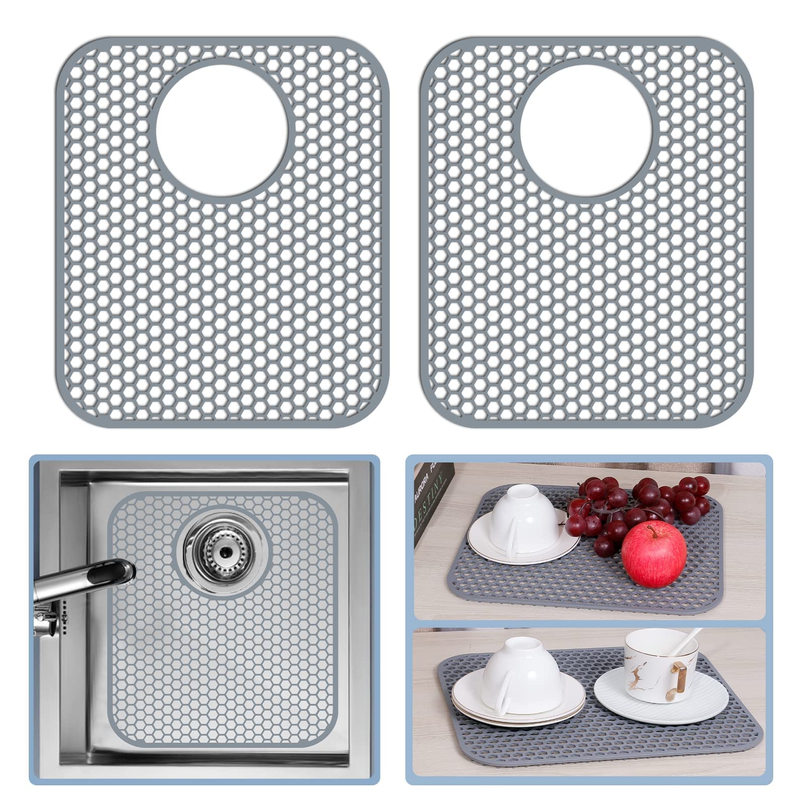 Bestjing 2 Pack Silicone Kitchen Sink Protector Mat with Rear Drain - 13.58''x 11.6'' Kitchen Sink Accessory, Folding Non-Slip Heat Resistant Mat Grid for Bottom of Porcelain Stainless Steel