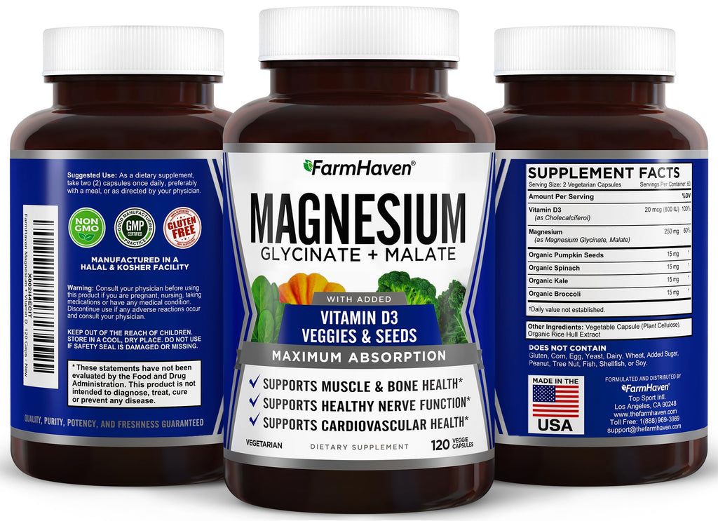 FarmHaven Magnesium Complex –Magnesium Glycinate & Malate w/Vitamin D3, 100% Chelated for Max Absorption, Vegetarian – Bone Health, Nerves, Muscles, 120 Capsules, 60 Days